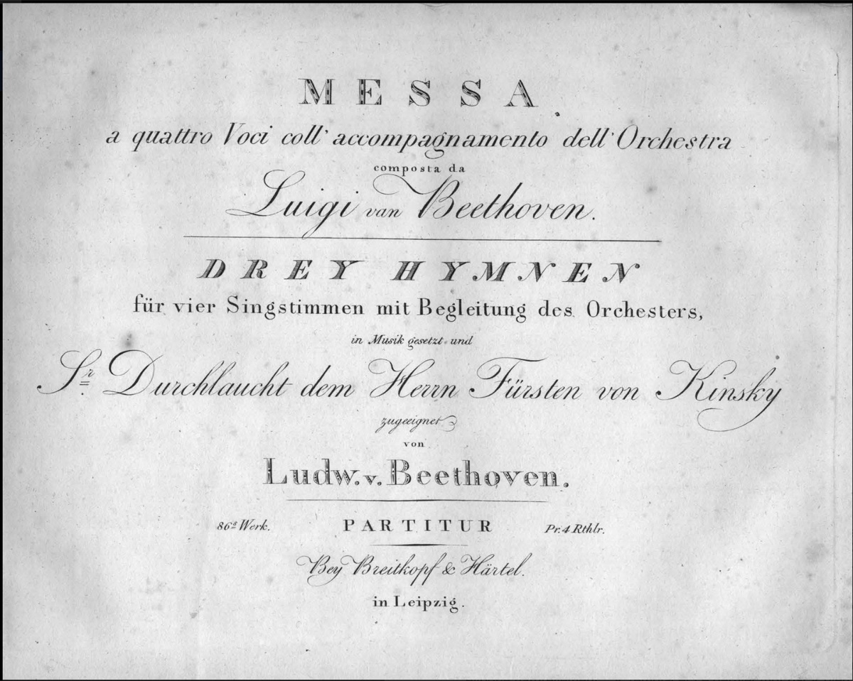 Page de titre de l'édition originale de la Messe en ut majeur op. 86 de Beethoven, parue chez Breitkopf & Härtel à Leipzig