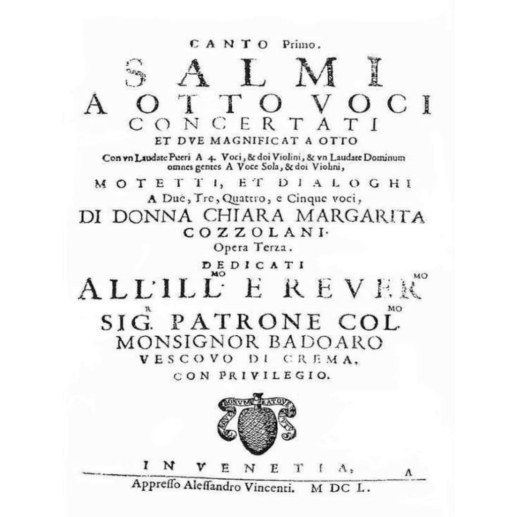 Page de titre des Salmi a Otto Voci Concertati de Chiara Margarita Cozzolani (1650)
