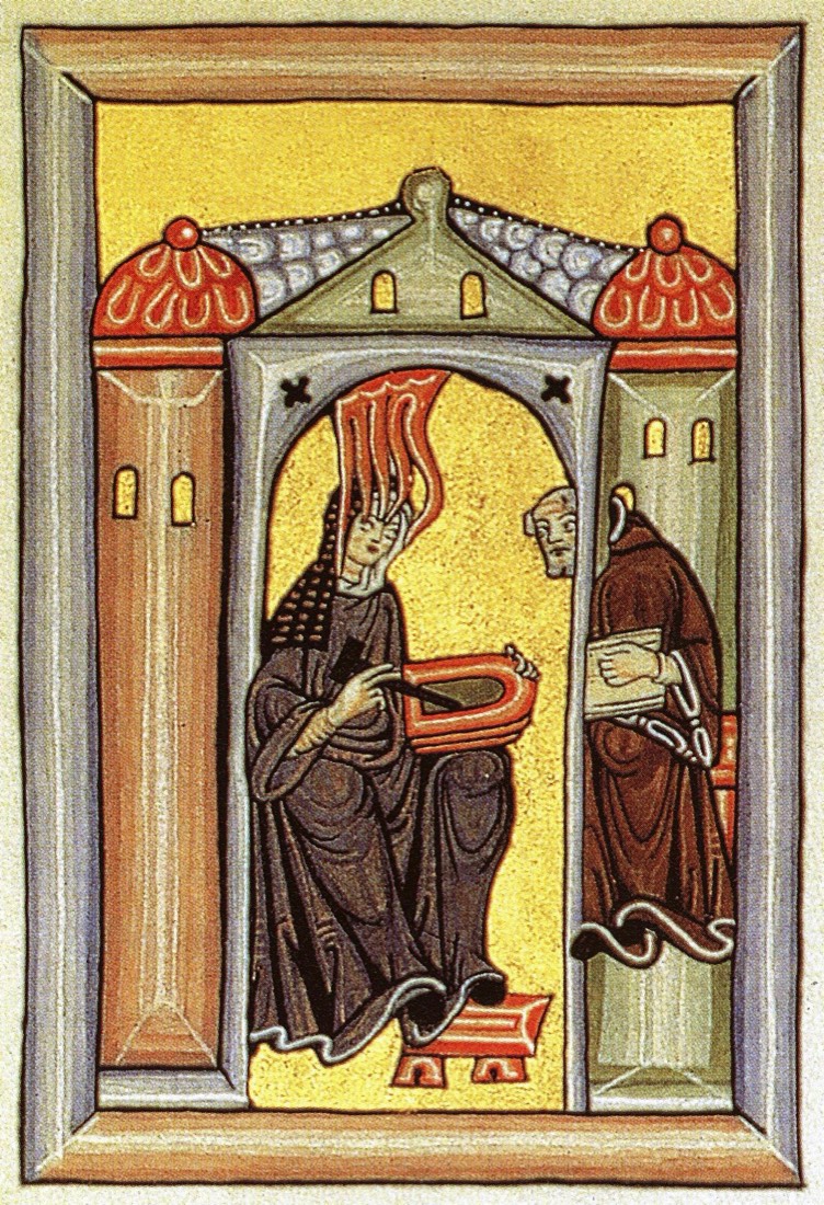 Enluminure médiévale : Hildegarde de Bingen reçoit l’inspiration divine et la note sur des tablettes de cire, observée par son secrétaire